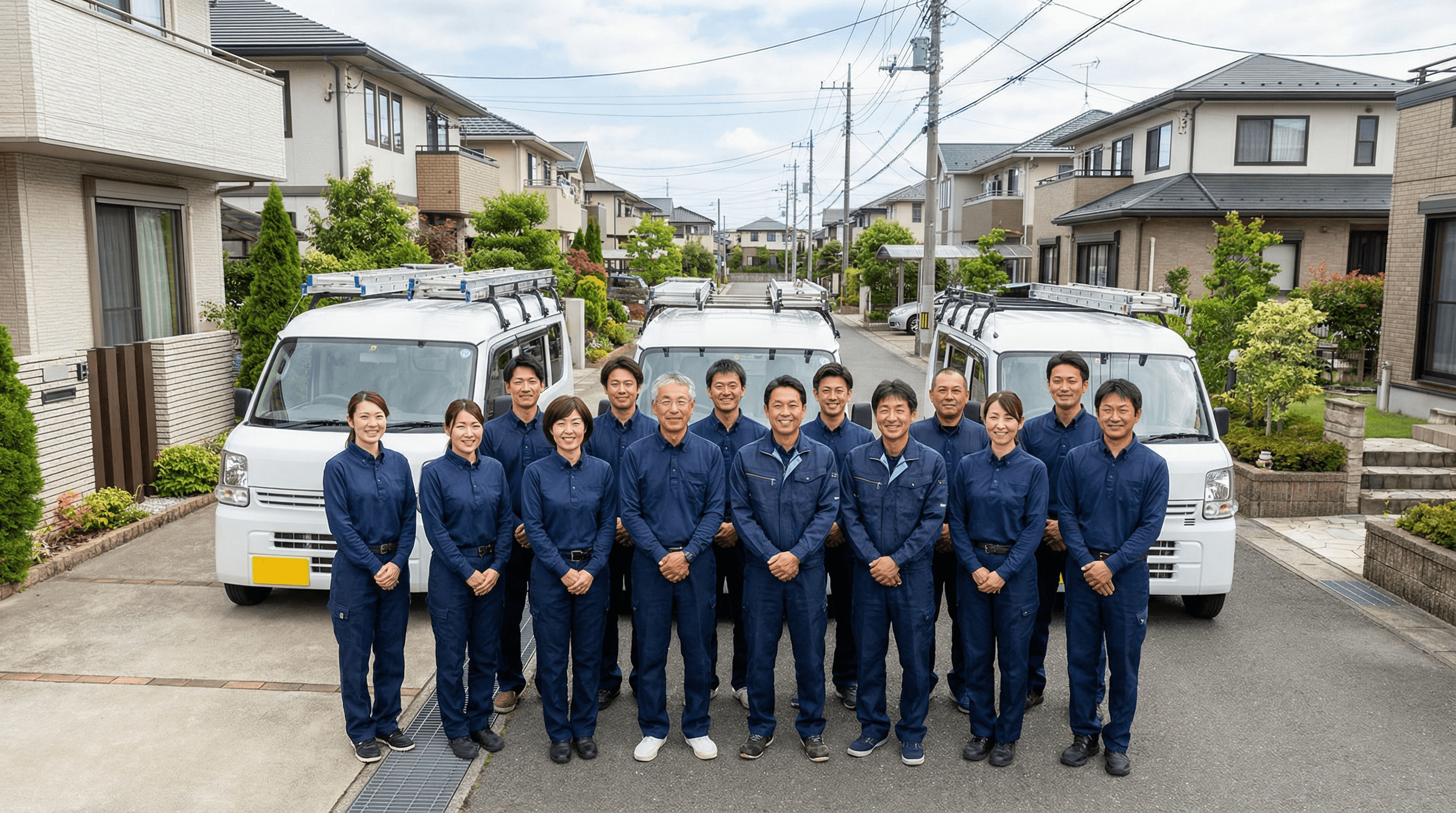 便利屋こころの車両と笑顔で挨拶するスタッフ一同