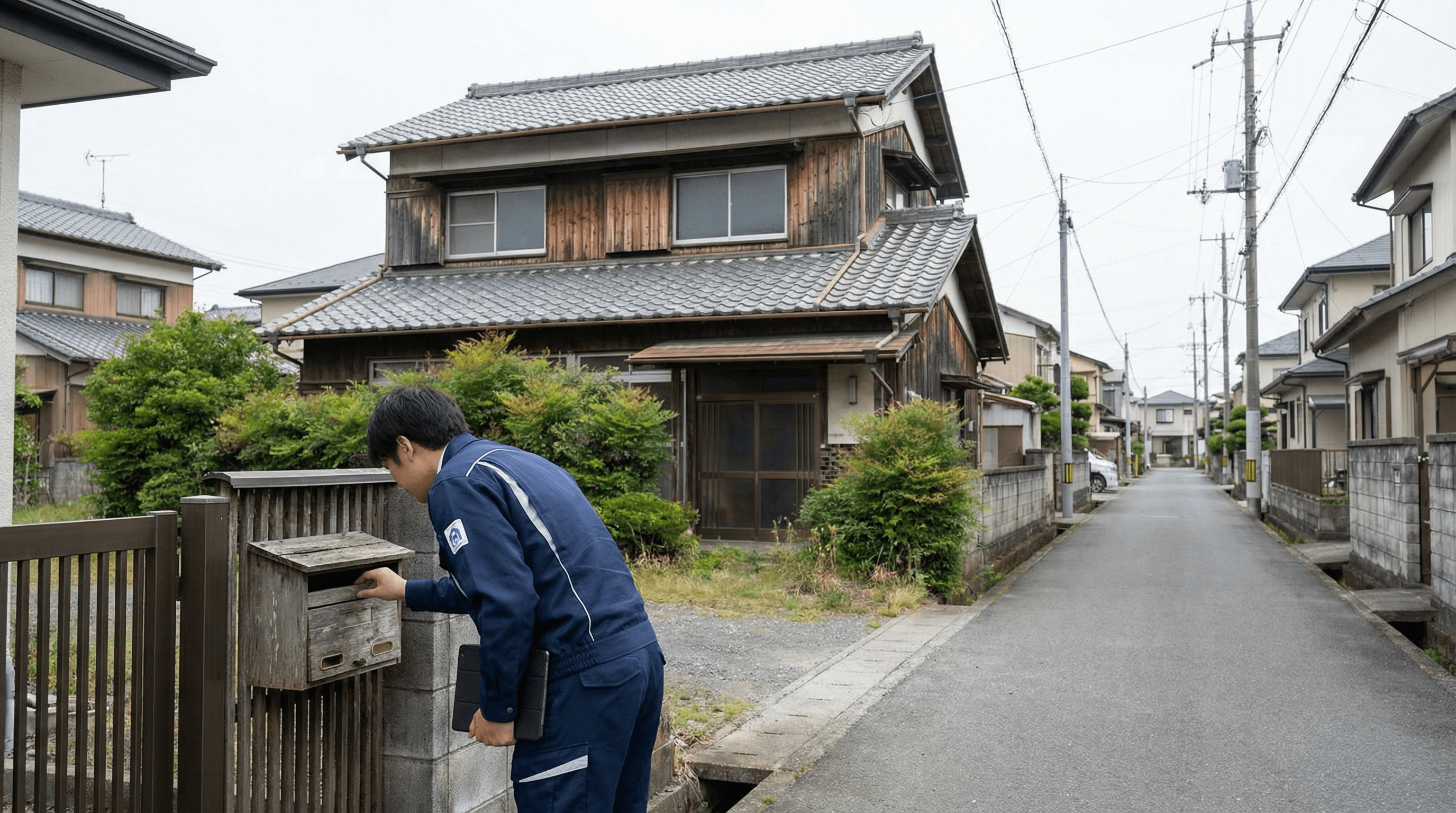 空き家の外観を点検し、ポストの中身を整理しているスタッフの写真