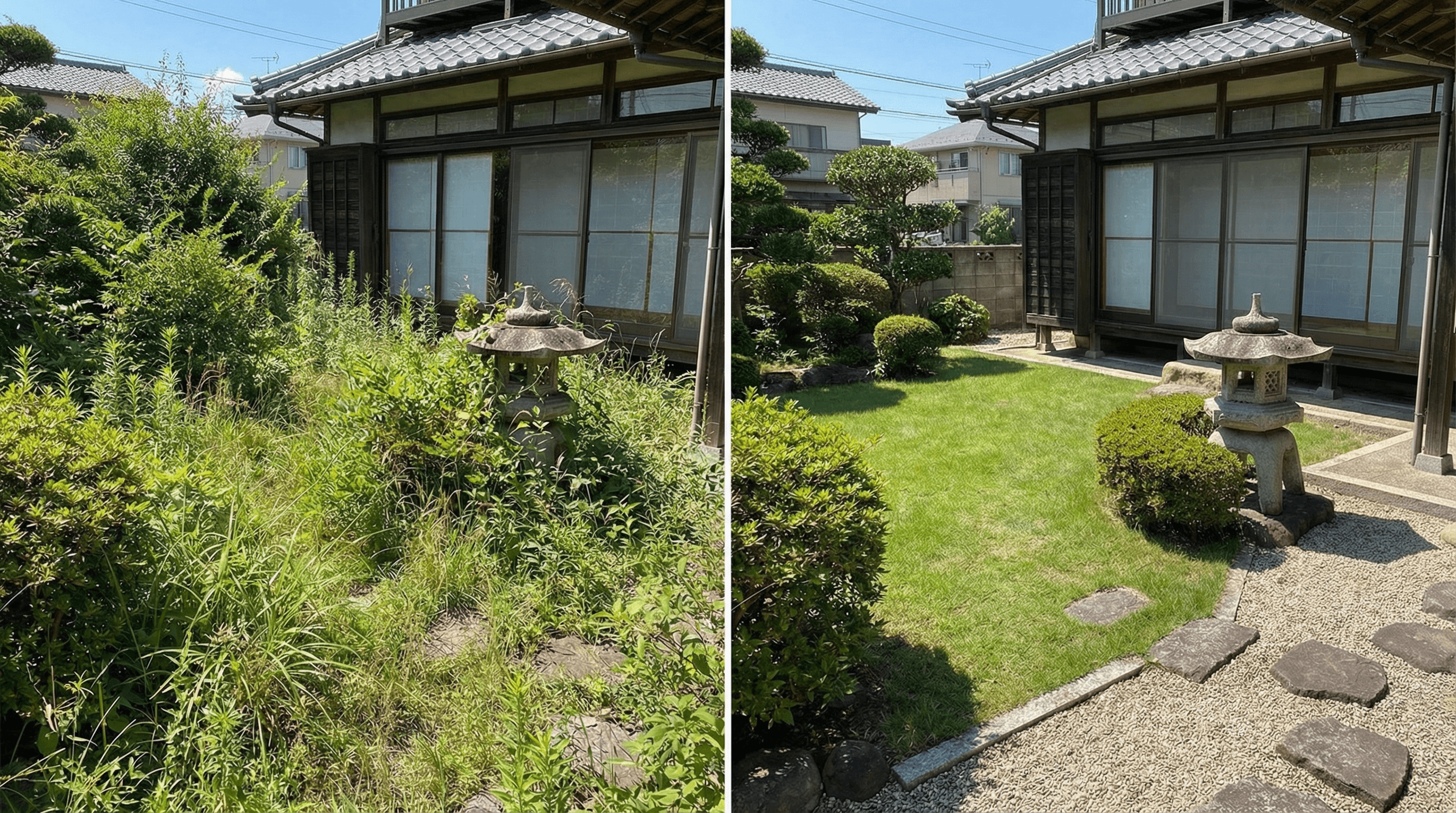 [Before/After] 膝下まで伸びた雑草が、跡形もなくスッキリ刈られた庭の写真