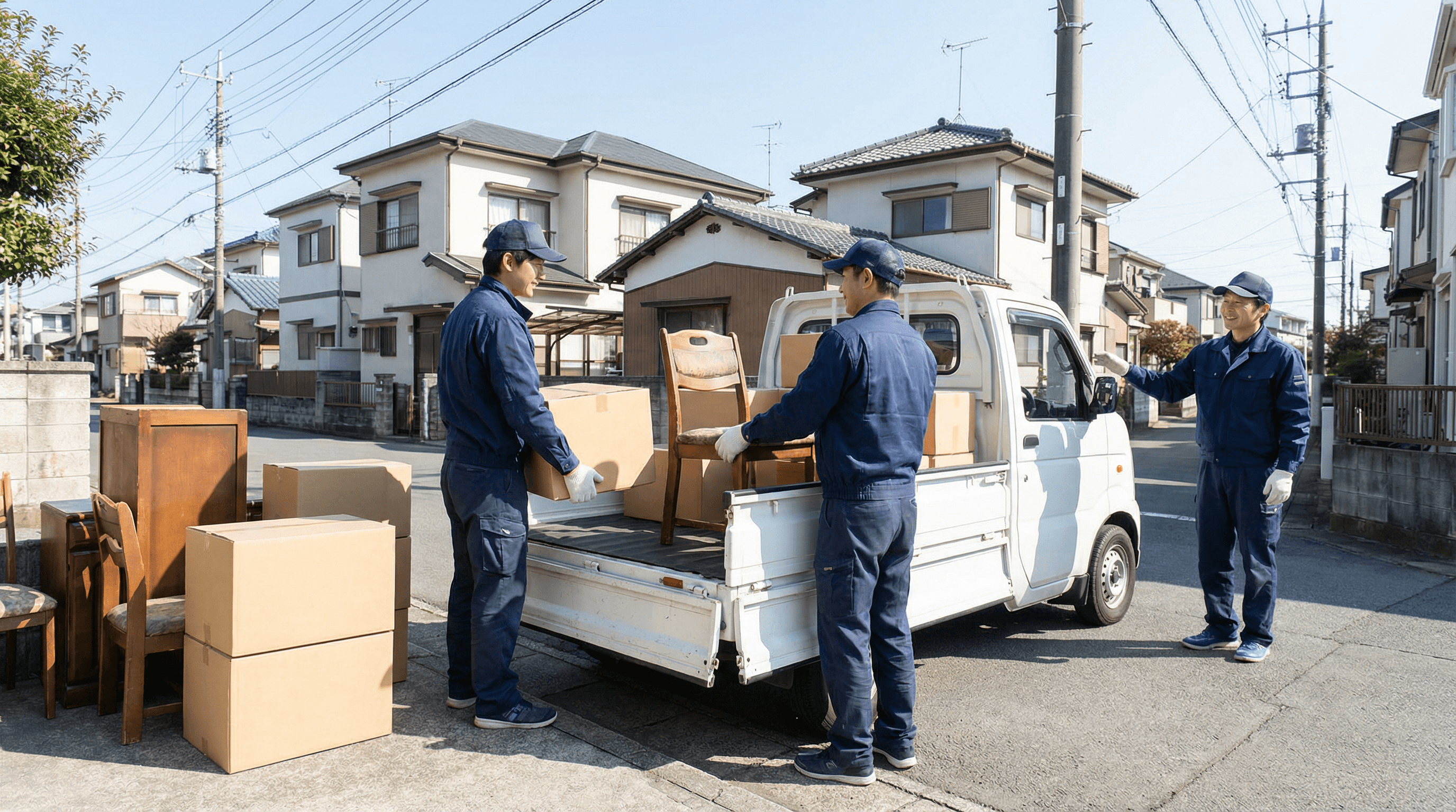トラックへ不用品を積み込んでいる明るい写真
