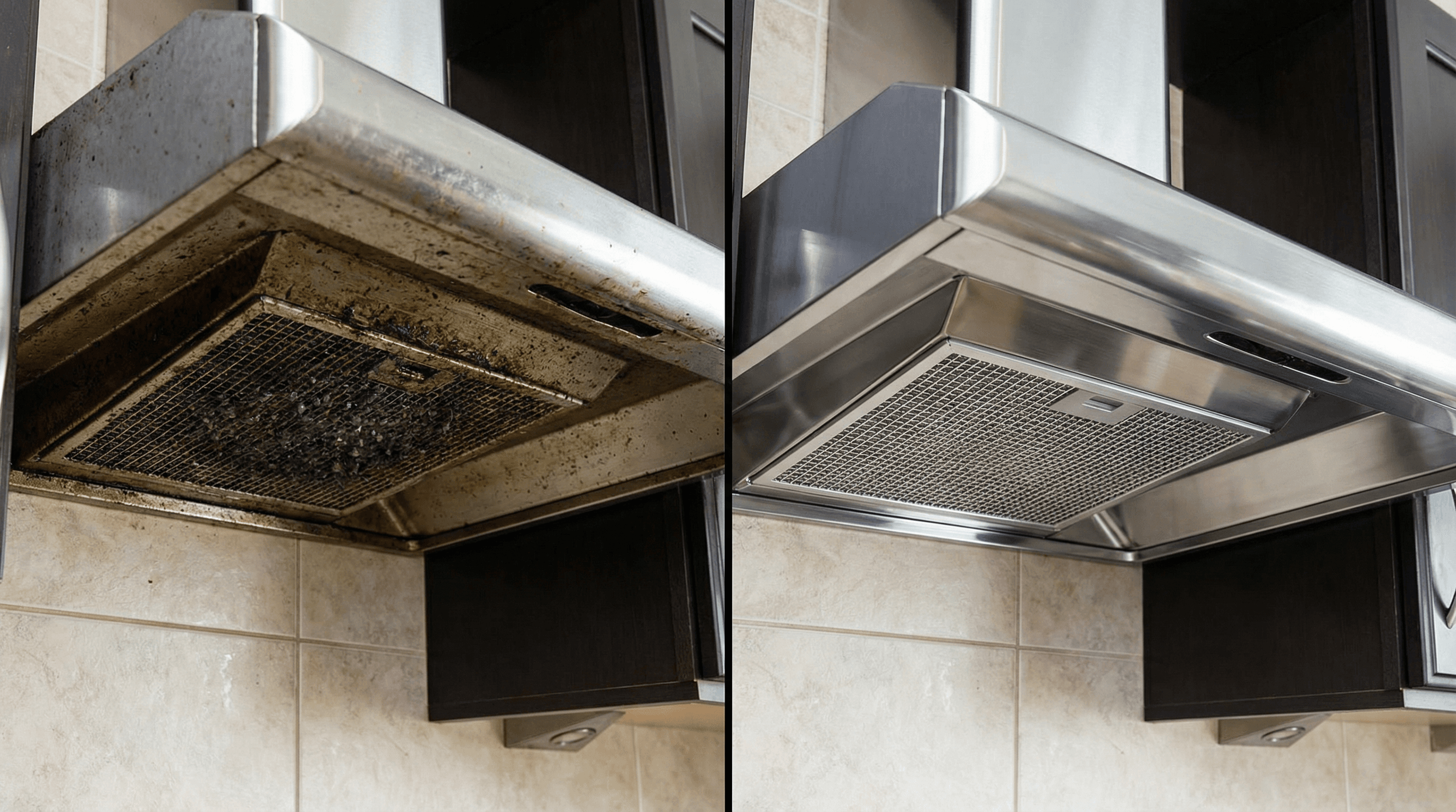 プロの道具を使い、汚れた換気扇がピカピカになっているBefore/After写真