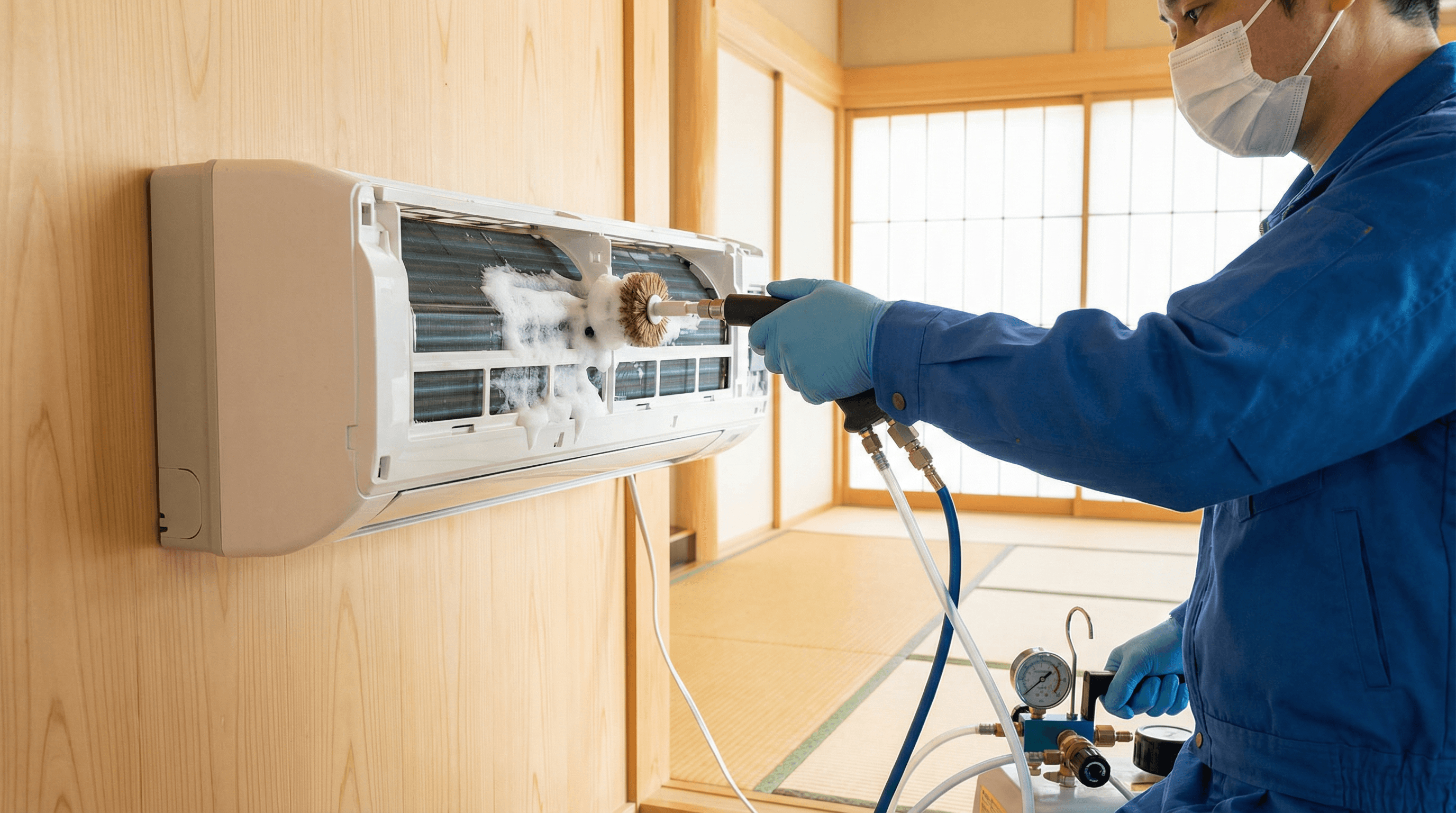 プロの技術で清掃を行っている現場写真（エアコン内部のホコリを洗浄する様子など）