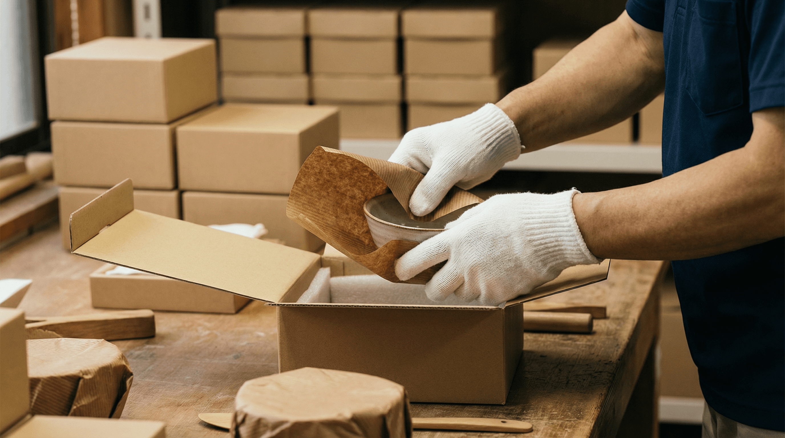 作業中の真剣な表情の手元アップ（丁寧に梱包、または草を刈っている様子）