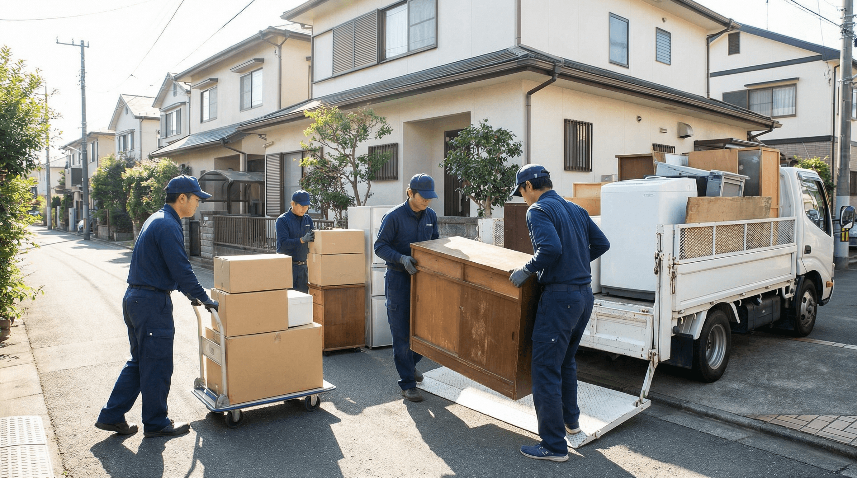 不用品回収の現場写真。トラックへ不用品を積み込んでいる明るい写真。