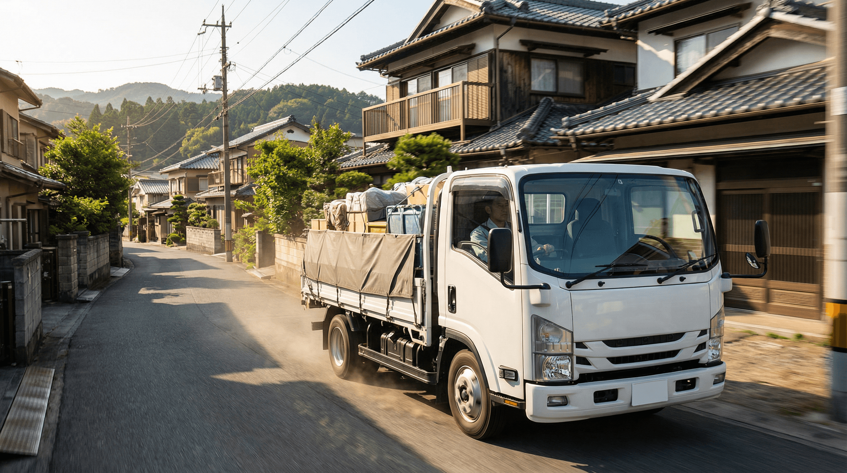サービス内容に合わせた現場写真(不用品回収トラックが作業に向かう動的な写真)